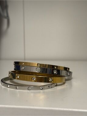 Crystal Screw-Detail Bangle Bracelets - Gold & Silver bundle